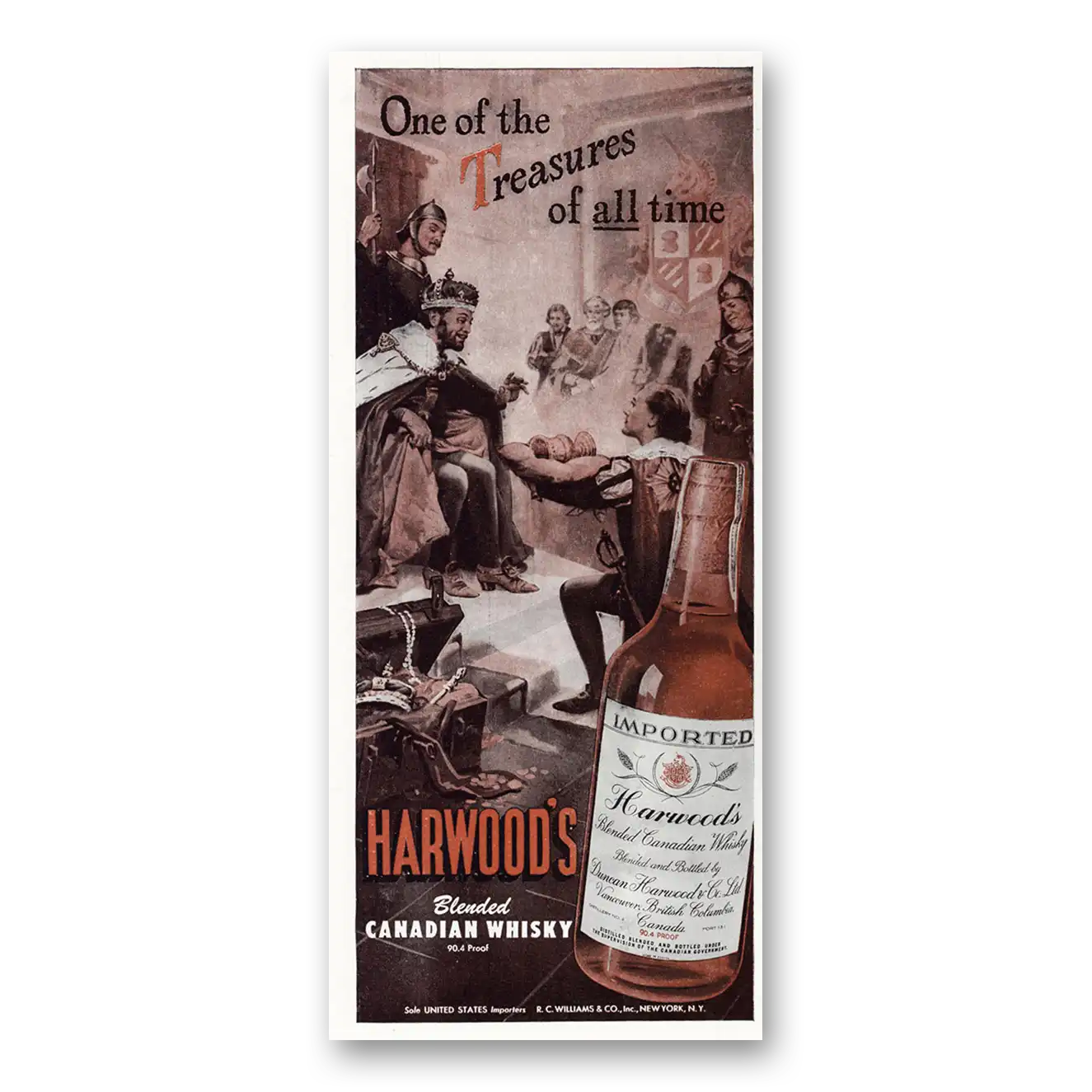 1947 Harwoods Canadian Whisky One of the Treasures of All Time Vintage Magazine Print Ad