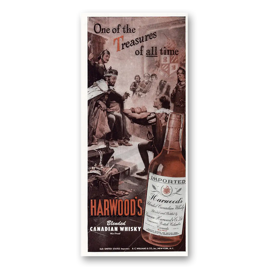 1947 Harwoods Canadian Whisky One of the Treasures of All Time Vintage Magazine Print Ad