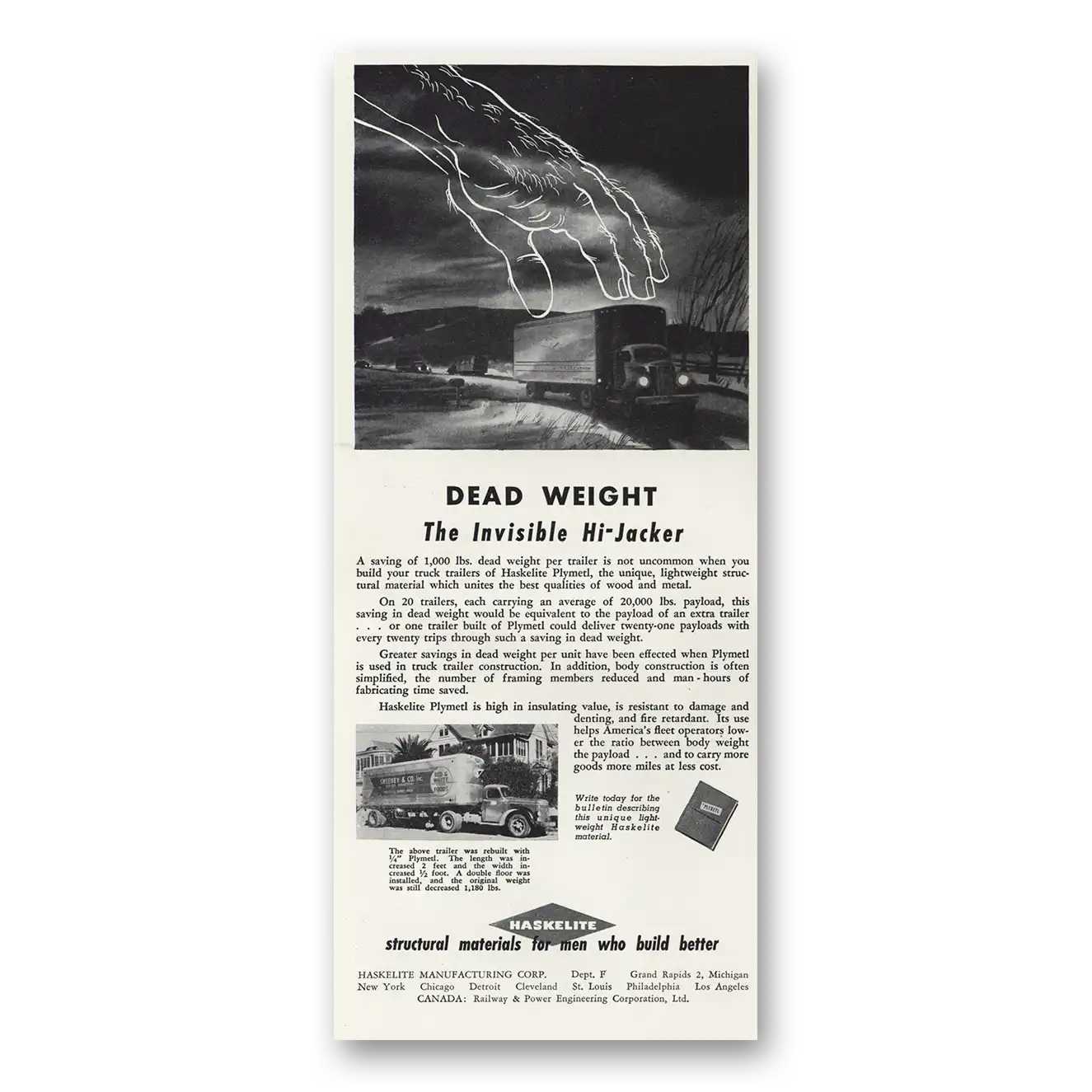 1947 Haskelite Structural Materials Dead Weight Invisible Hi Jacker Vintage Magazine Print Ad