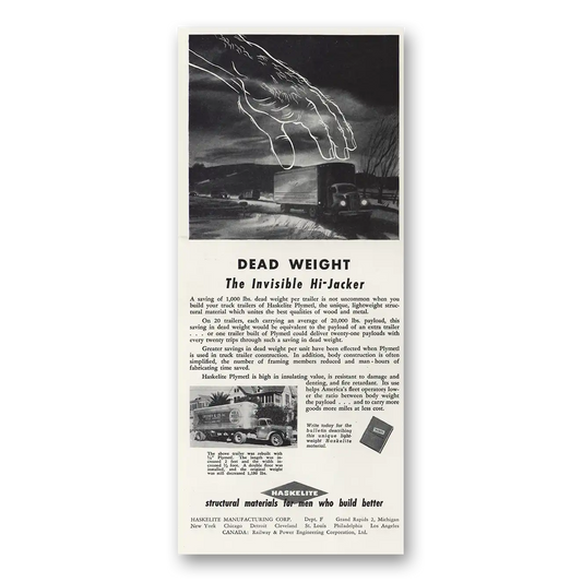 1947 Haskelite Structural Materials Dead Weight Invisible Hi Jacker Vintage Magazine Print Ad