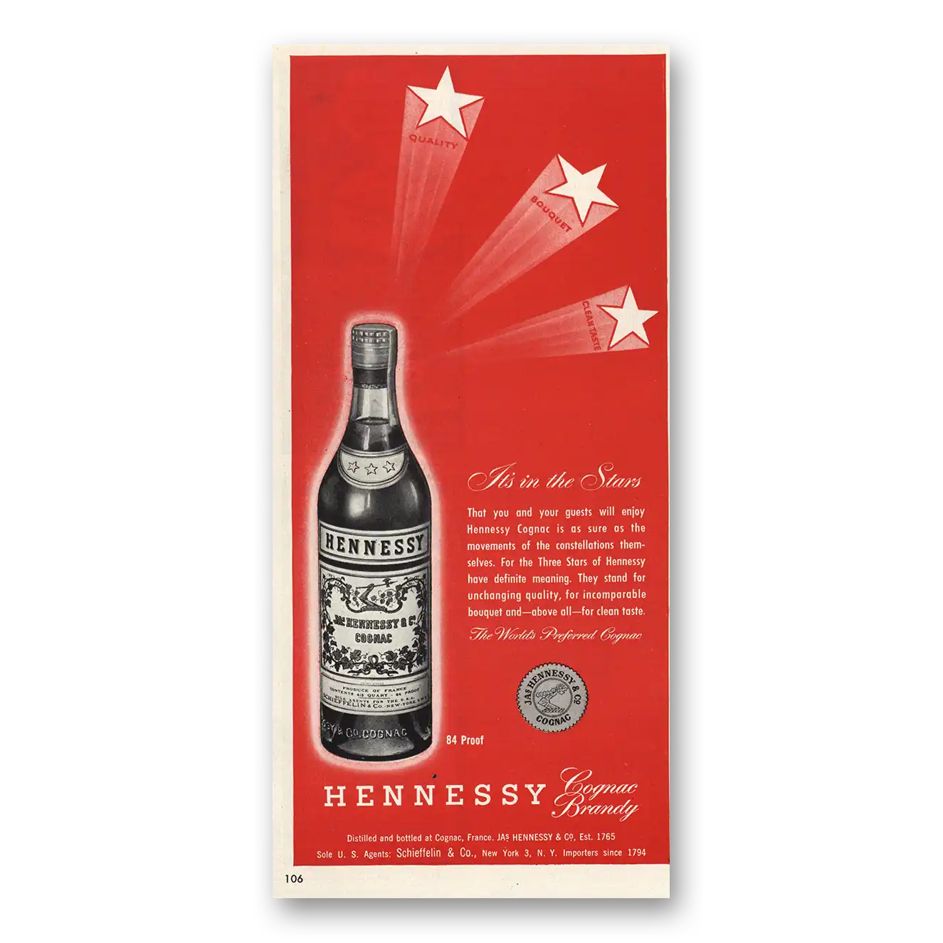 1947 Hennessy Cognac In the Stars Vintage Magazine Print Ad