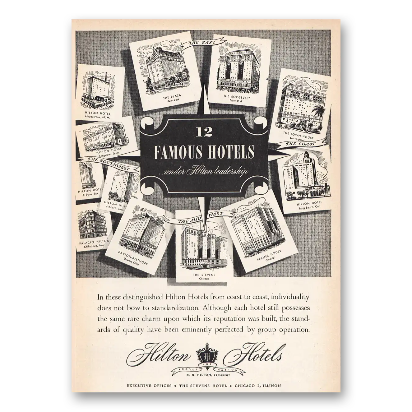 1947 Hilton Hotels 12 Famous Hotels Leadership Vintage Magazine Print Ad