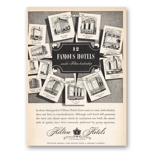 1947 Hilton Hotels 12 Famous Hotels Leadership Vintage Magazine Print Ad