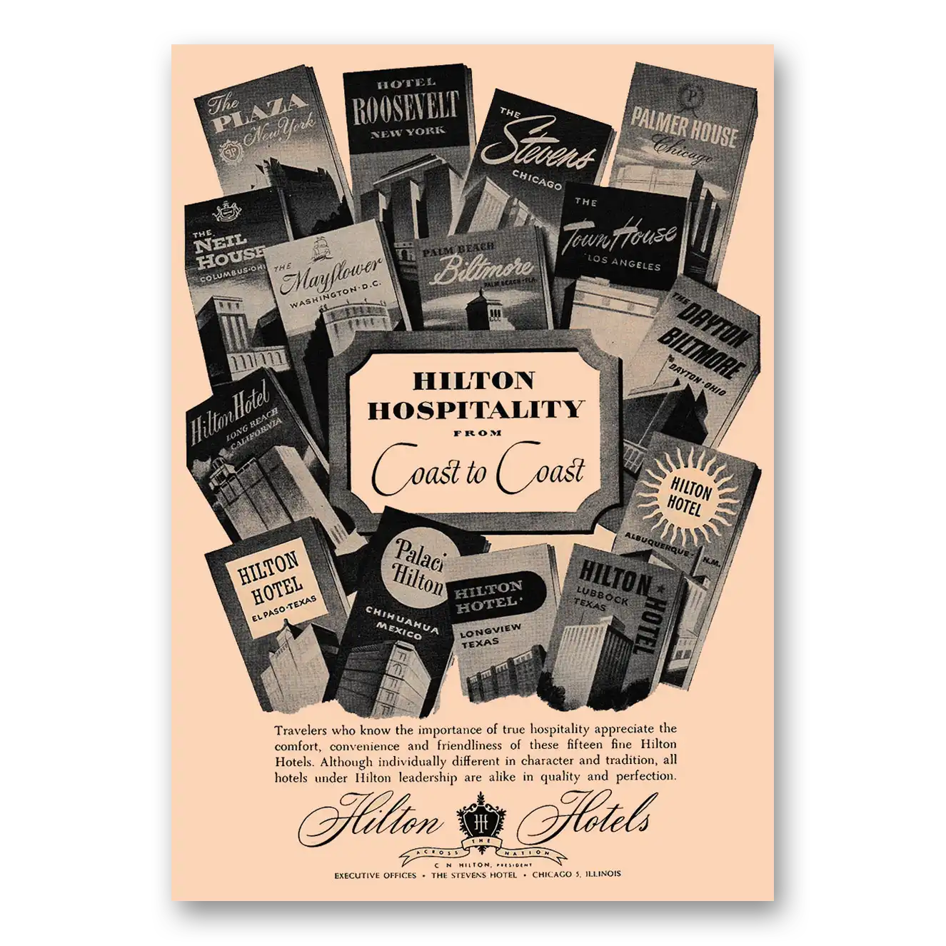 1947 Hilton Hotels Hospitality From Coast to Coast Vintage Magazine Print Ad