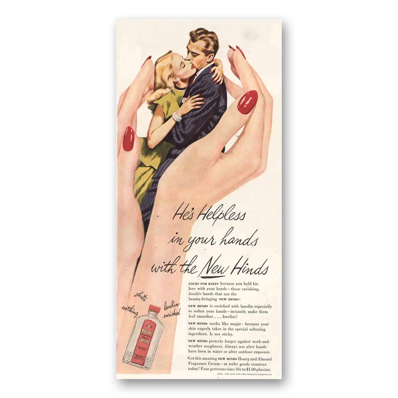 1947 Hinds Cream Helpless In Your Hands Vintage Magazine Print Ad