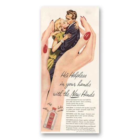 1947 Hinds Cream Helpless In Your Hands Vintage Magazine Print Ad