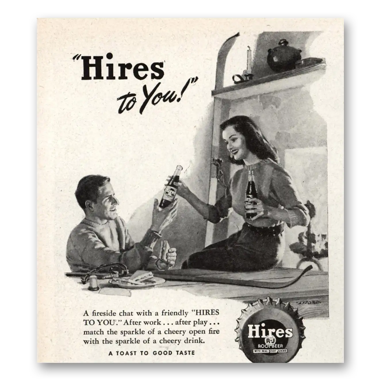 1947 Hires Root Beer Fireside Chat With a Friendly Vintage Magazine Print Ad