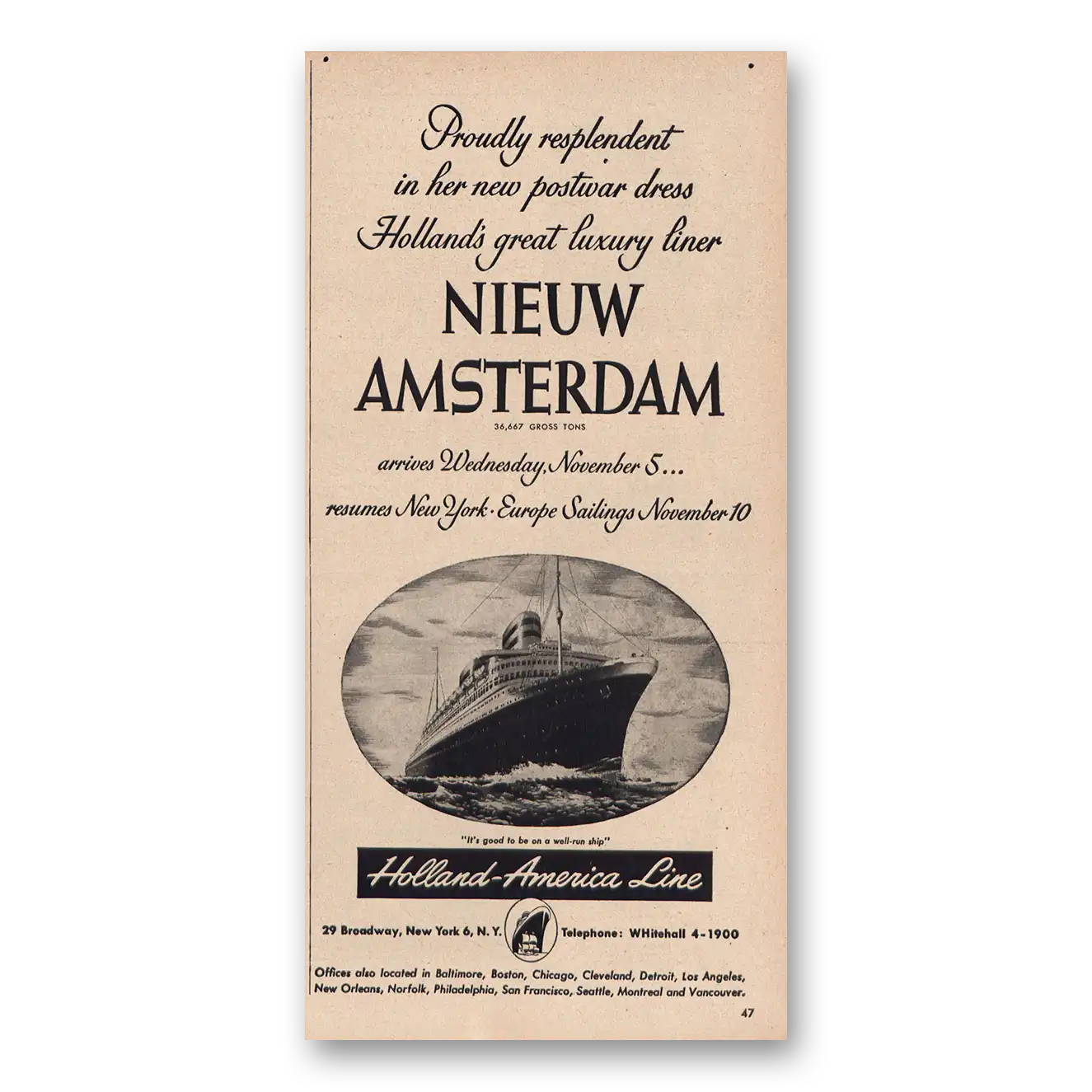 1947 Holland America Line Nieuw Amsterdam Vintage Magazine Print Ad