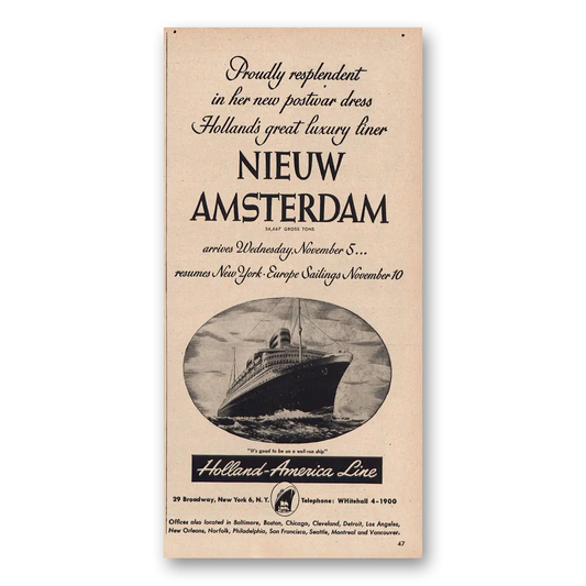 1947 Holland America Line Nieuw Amsterdam Vintage Magazine Print Ad