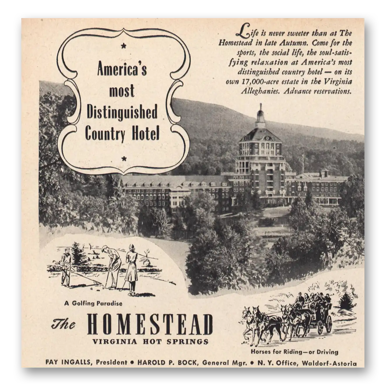 1947 Homestead Distinguished Country Hotel Vintage Magazine Print Ad