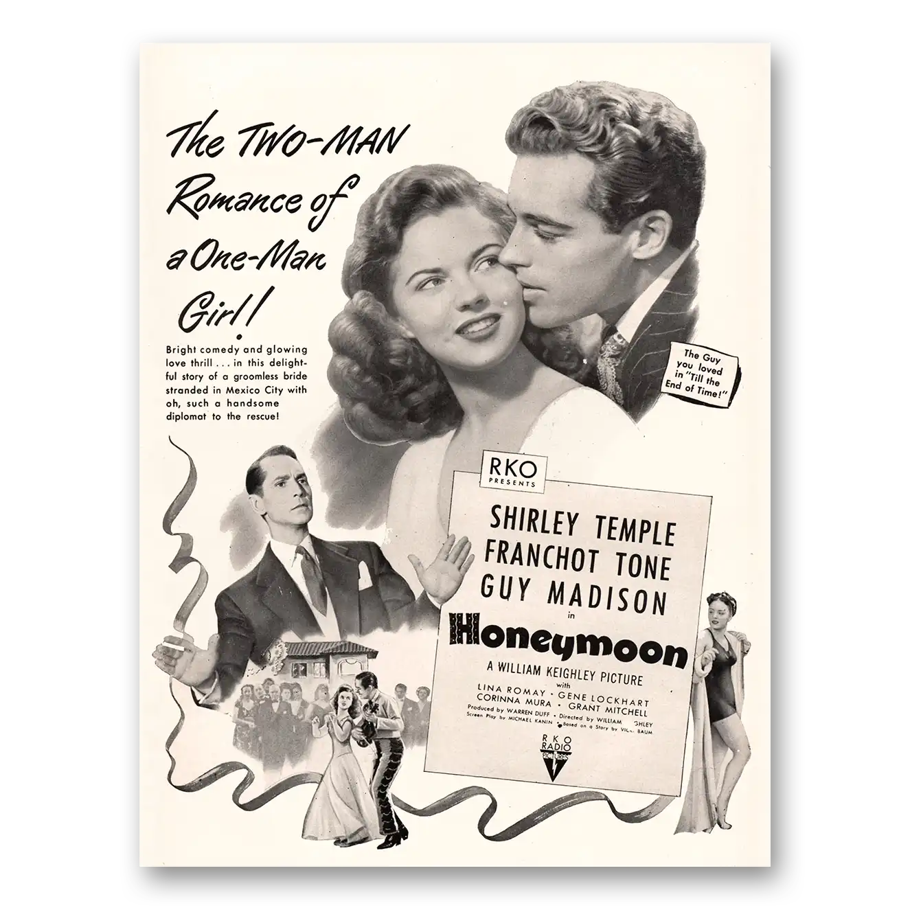 1947 Honeymoon Movie Promo Shirley Temple and Franchot Tone Vintage Magazine Print Ad