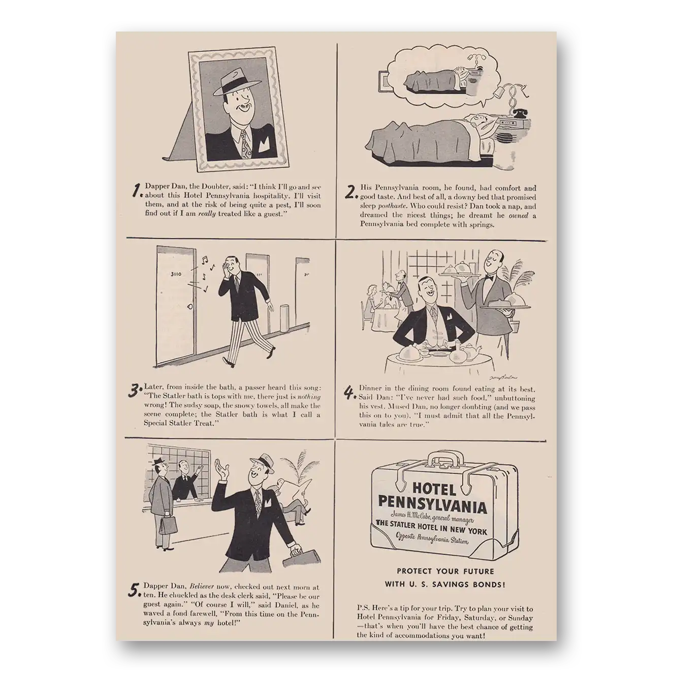 1947 Hotel Pennsylvania Dapper Dan Vintage Magazine Print Ad