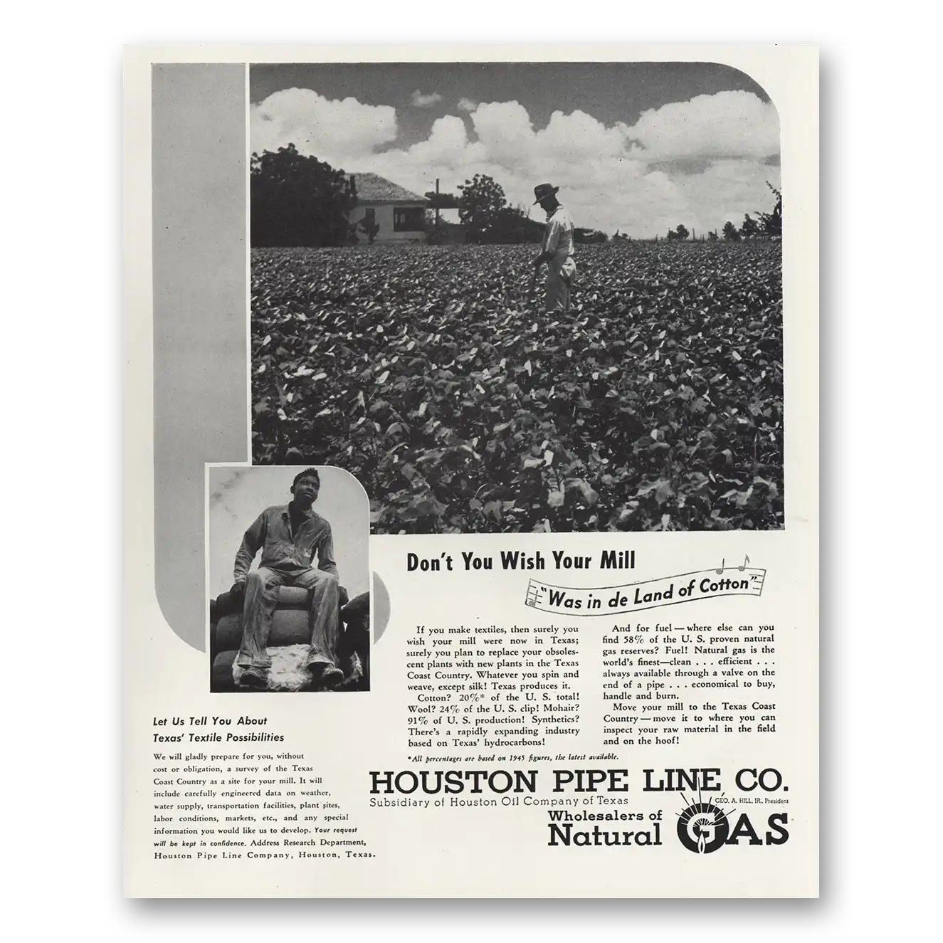 1947 Houston Pipe Line Was In De Land of Cotton Vintage Magazine Print Ad