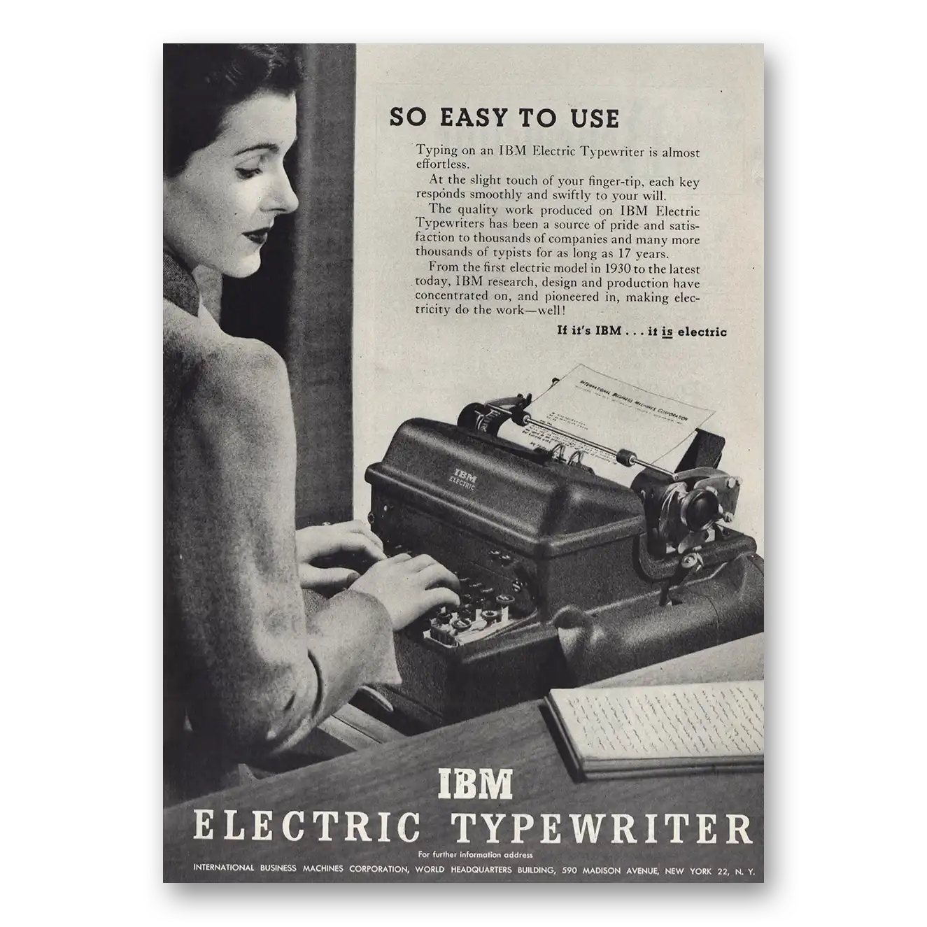 1947 IBM Electric Typewriter So Easy to Use Vintage Magazine Print Ad