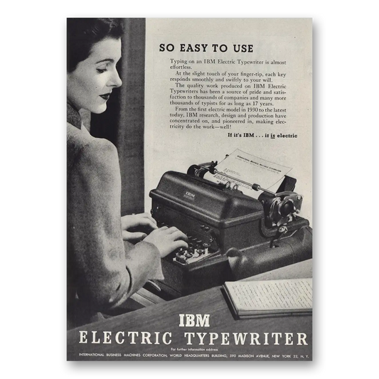 1947 IBM Electric Typewriter So Easy to Use Vintage Magazine Print Ad