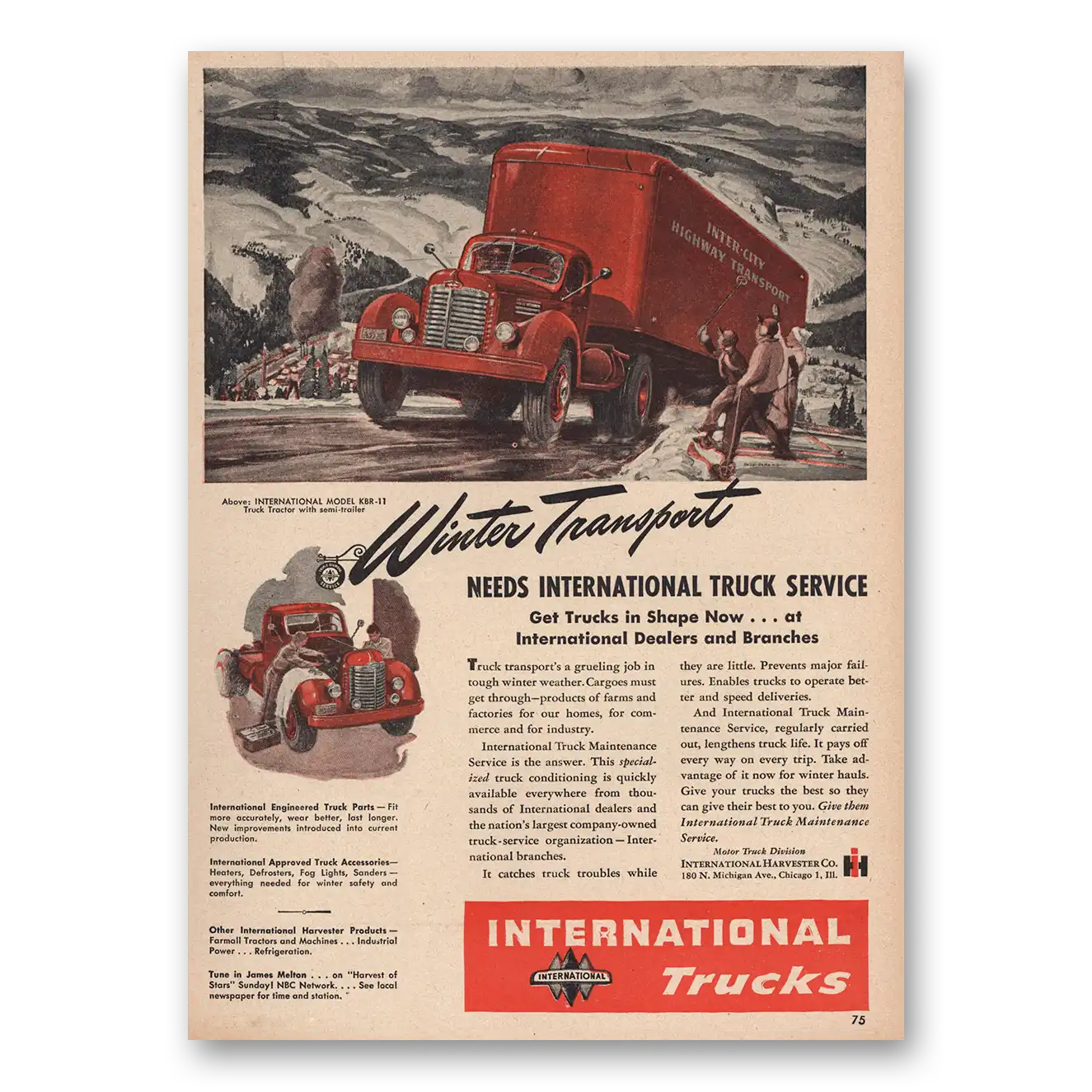 1947 International Trucks Winter Transport Vintage Magazine Print Ad