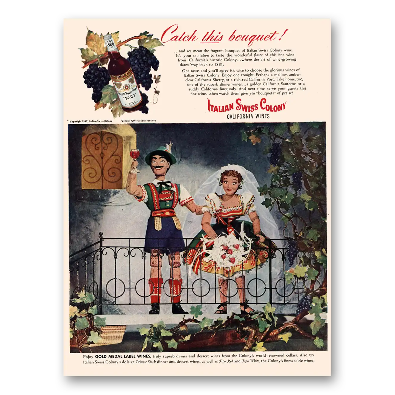 1947 Italian Swiss Colony Wines Catch This Bouquet Vintage Magazine Print Ad