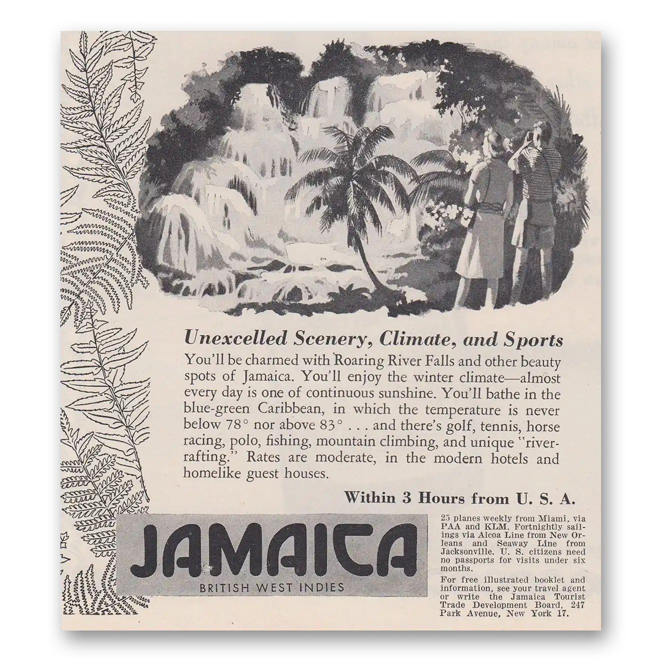 1947 Jamaica Unexcelled Scenery Climate and Sports Vintage Magazine Print Ad