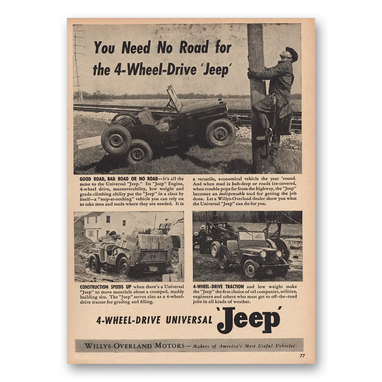 1947 Jeep Need No Road 4 Wheel Drive Vintage Magazine Print Ad