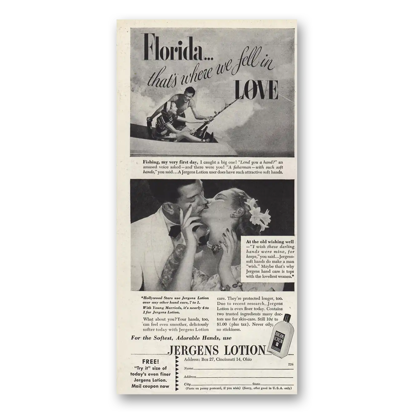 1947 Jergens Lotion Florida Where We Fell In Love Vintage Magazine Print Ad