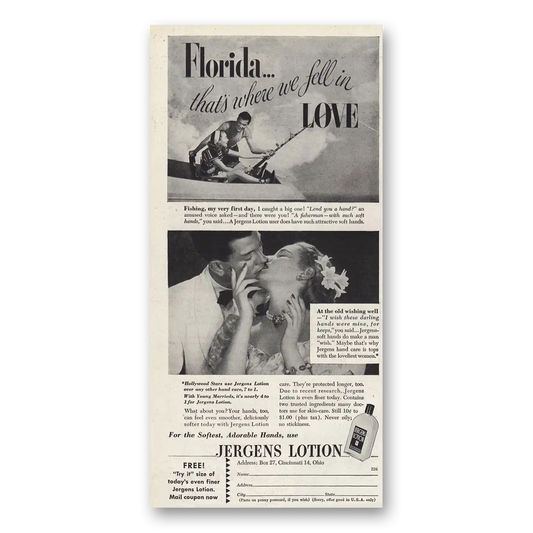 1947 Jergens Lotion Florida Where We Fell In Love Vintage Magazine Print Ad