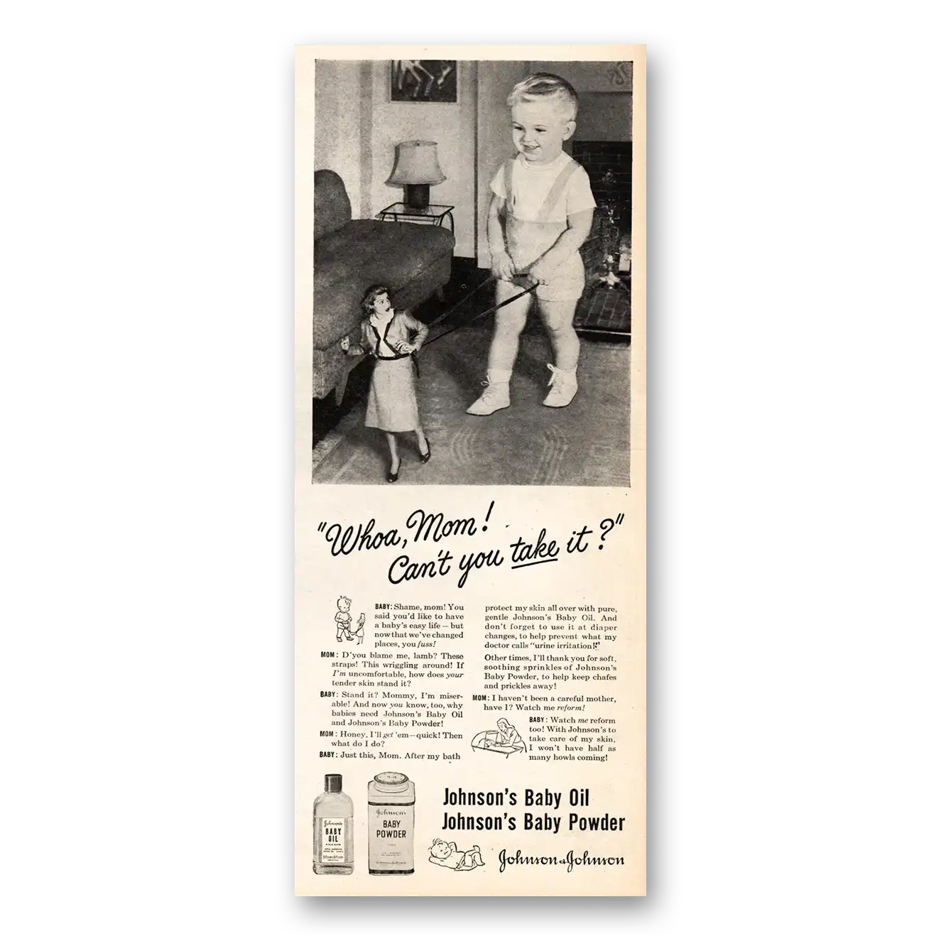 1947 Johnsons Baby Oil Whoa Mom Cant You Take It Vintage Magazine Print Ad