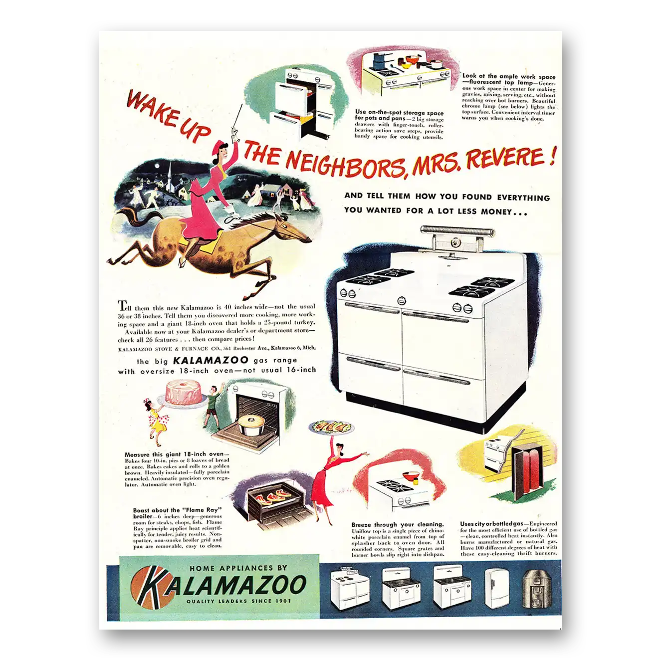 1947 Kalamazoo Appliances Wake Up the Neighbors Mrs Revere Vintage Magazine Print Ad