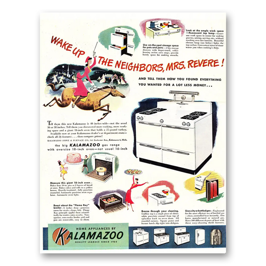 1947 Kalamazoo Appliances Wake Up the Neighbors Mrs Revere Vintage Magazine Print Ad