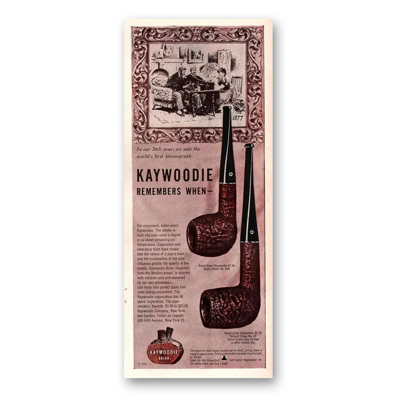 1947 Kaywoodie Pipes Our 26th Year Worlds First Phonograph Vintage Magazine Print Ad