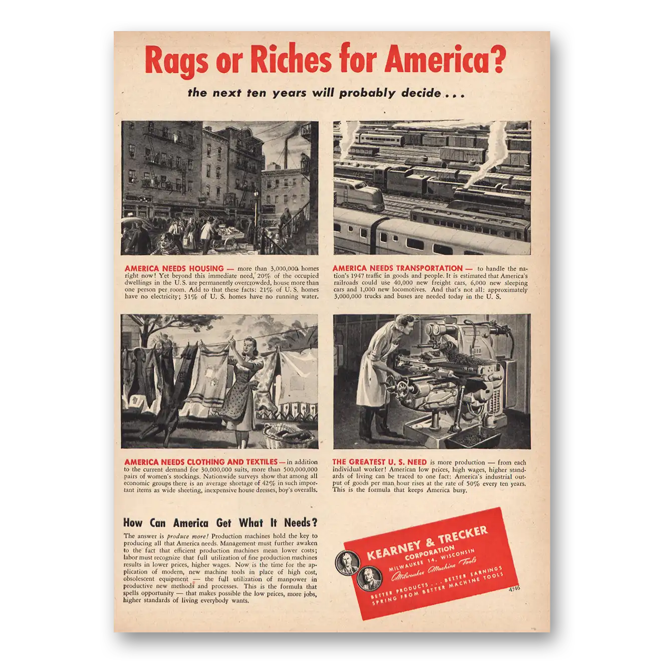 1947 Kearney & Trecker Rags Riches America Vintage Magazine Print Ad