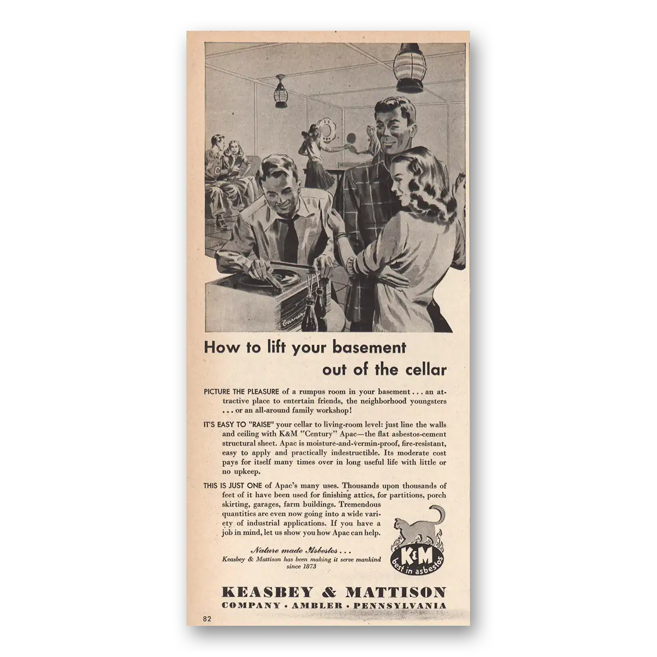 1947 Keasbey & Mattison Lift Your Basement Out of Cellar Vintage Magazine Print Ad