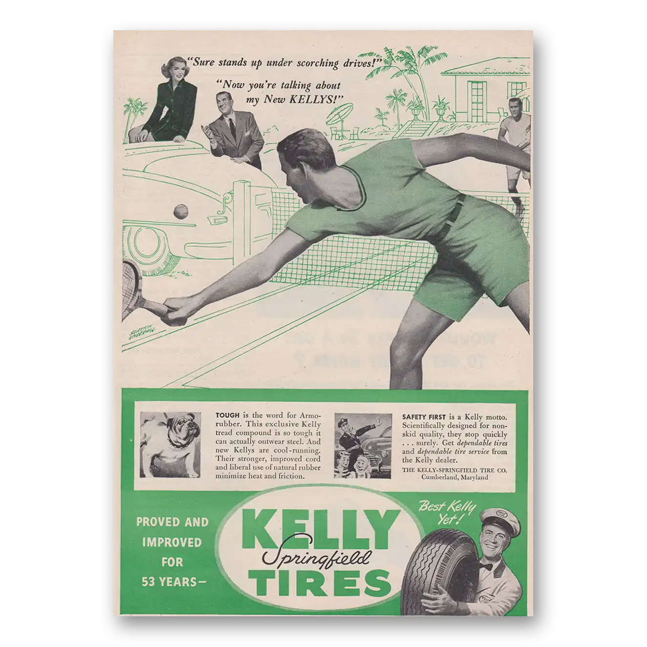 1947 Kelly Springfield Tires Sure Stands Up Under Scorching Drives Vintage Magazine Print Ad