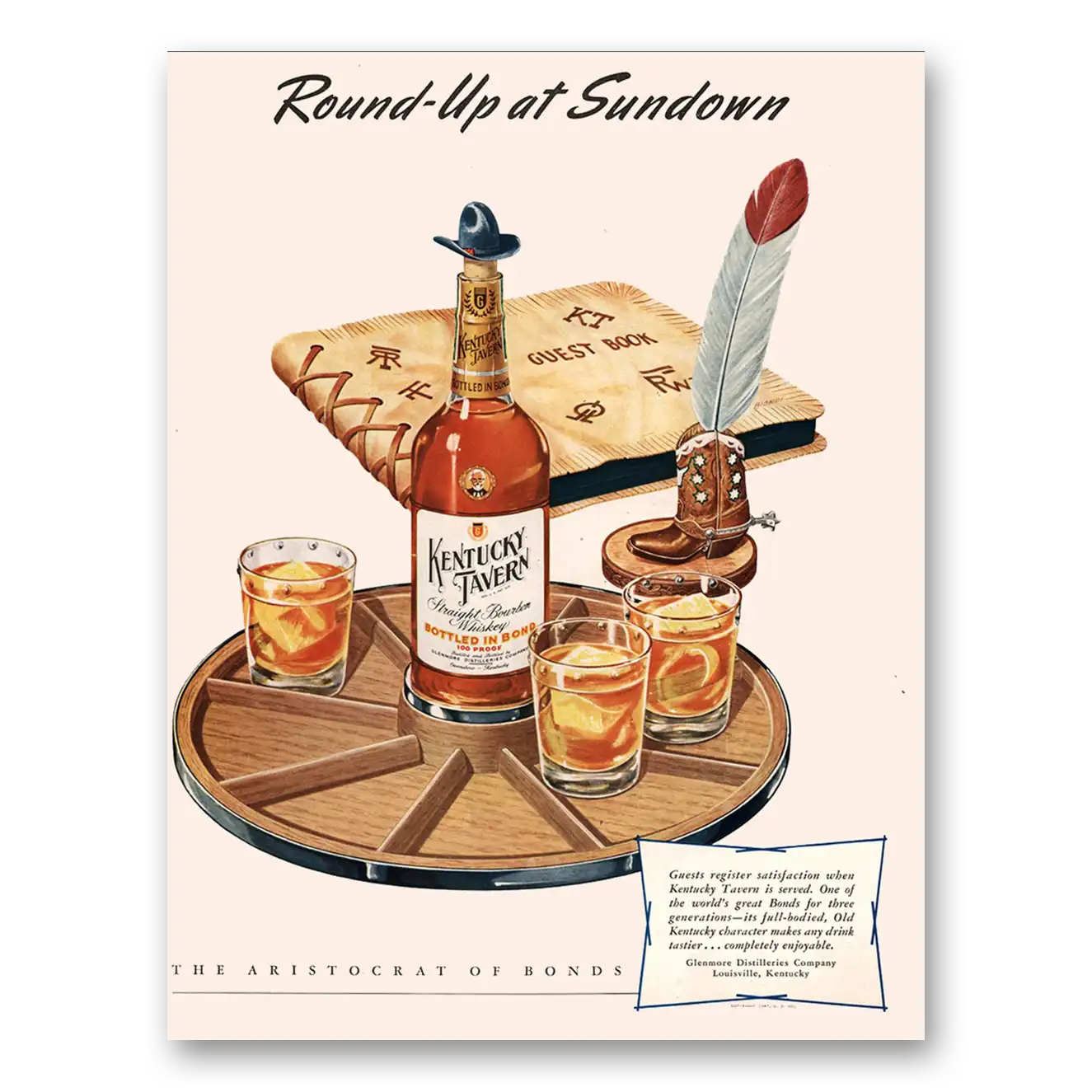 1947 Kentucky Tavern Whiskey Round Up at Sundown Vintage Magazine Print Ad