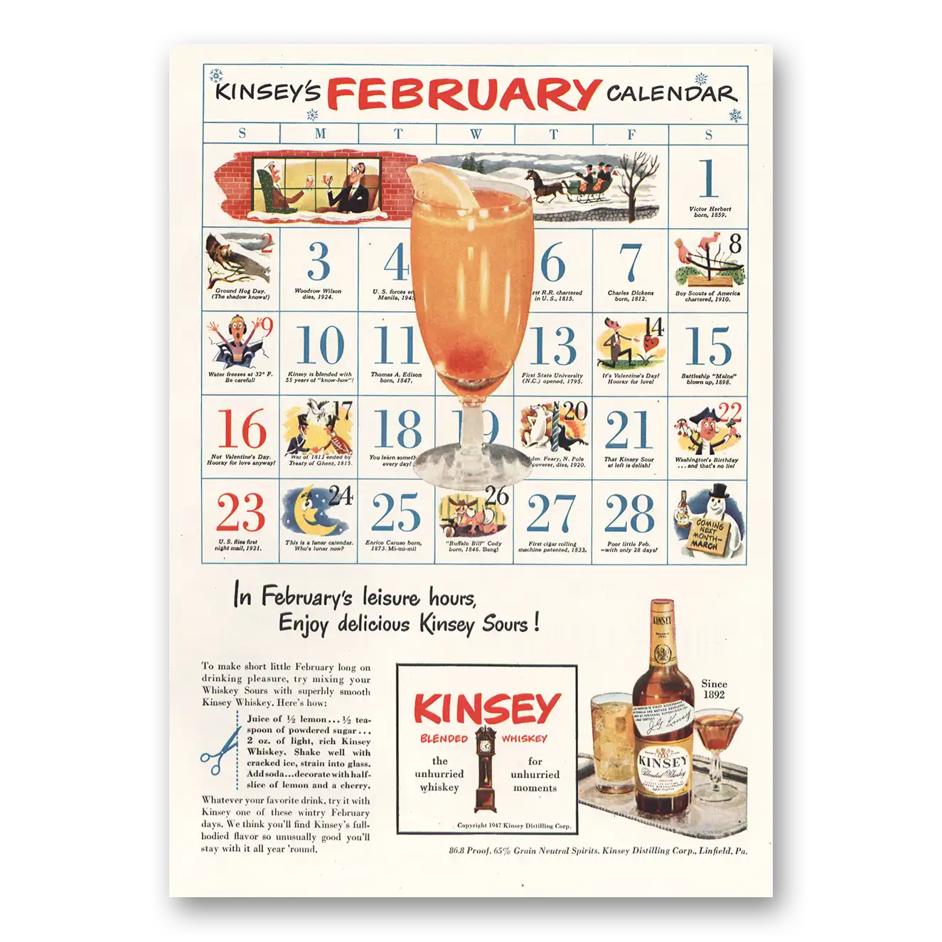 1947 Kinsey Whiskey February Calendar Vintage Magazine Print Ad