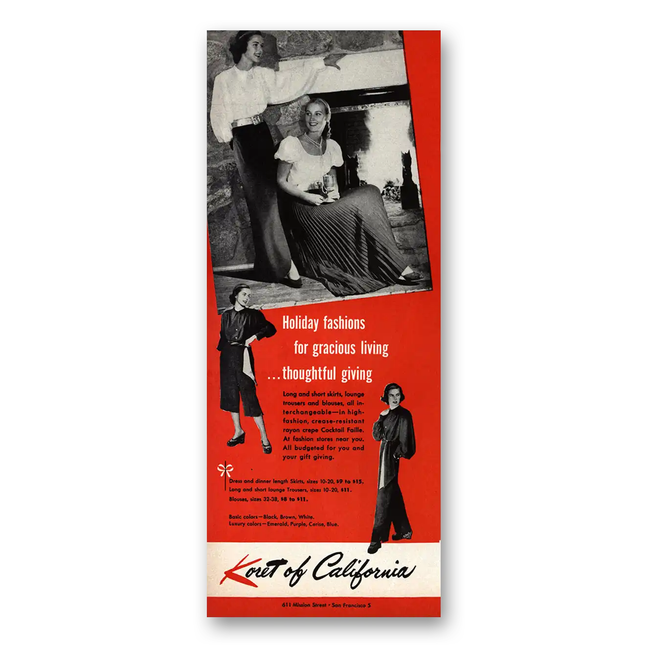 1947 Koret of California Holiday Fashions of Gracious Living Vintage Magazine Print Ad