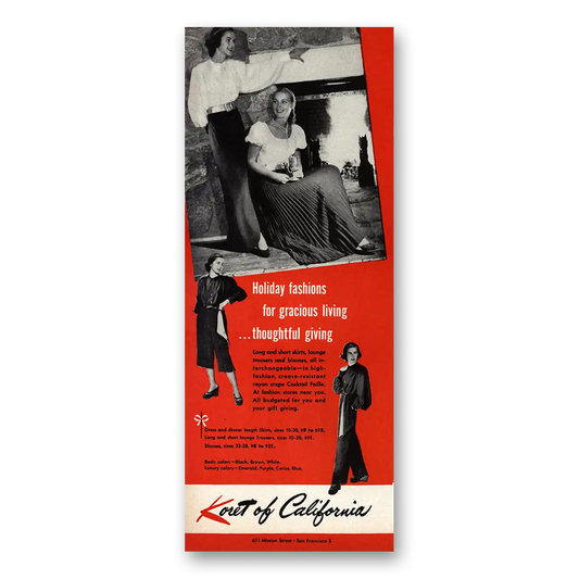 1947 Koret of California Holiday Fashions of Gracious Living Vintage Magazine Print Ad