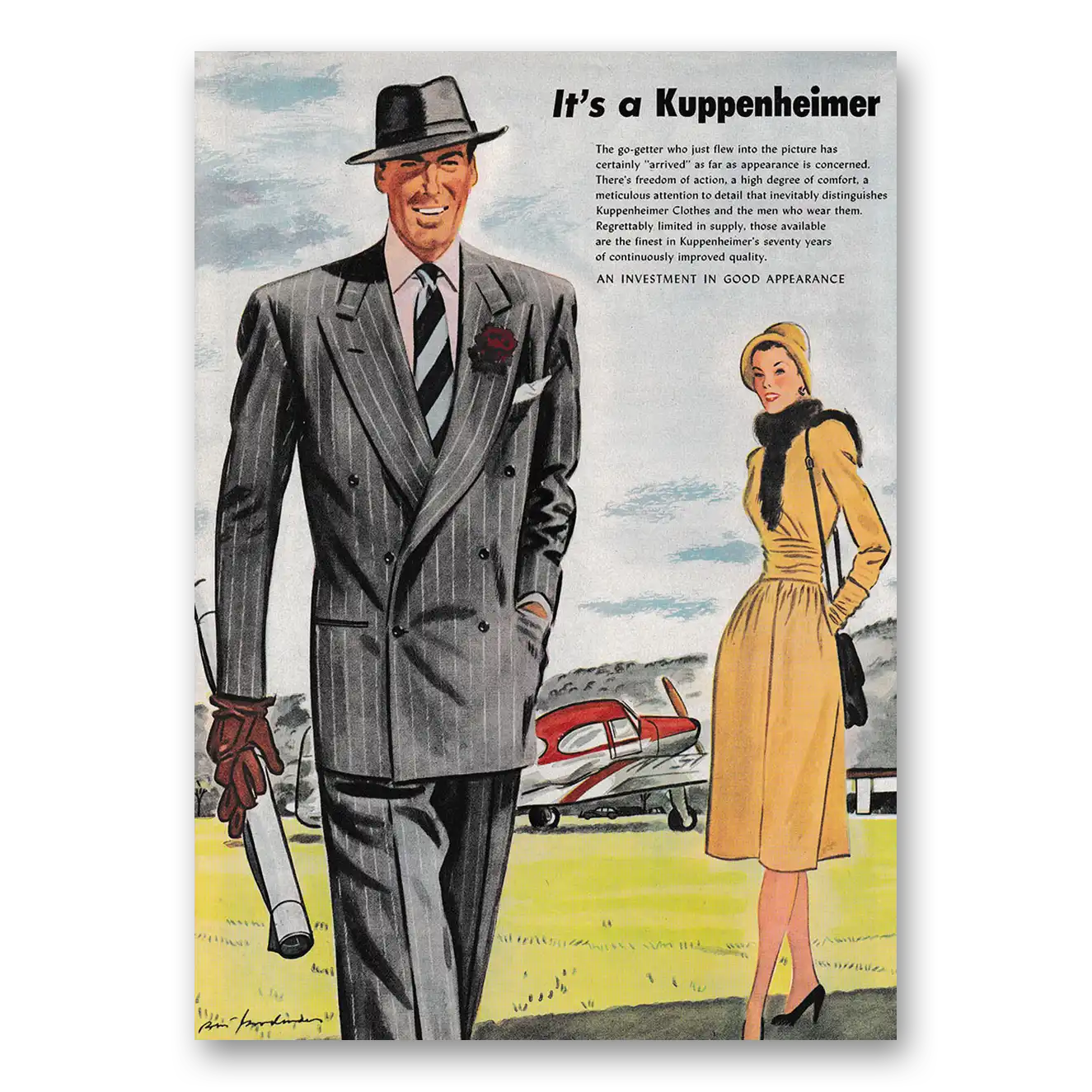 1947 Kuppenheimer Clothes Just Flew Into the Picture Vintage Magazine Print Ad