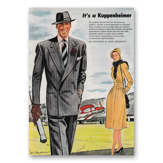 1947 Kuppenheimer Clothes Just Flew Into the Picture Vintage Magazine Print Ad