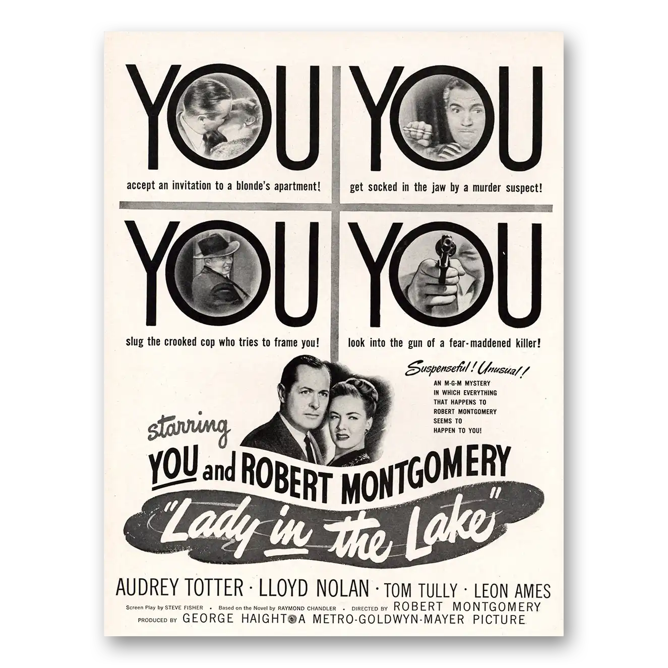 1947 Lady In the Lake Movie Promo Robert Montgomery and Audrey Totter Vintage Magazine Print Ad