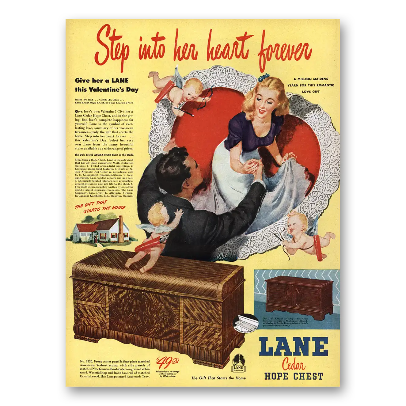 1947 Lane Cedar Hope Chest Step Into Her Heart Forever Vintage Magazine Print Ad