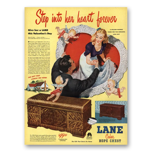 1947 Lane Cedar Hope Chest Step Into Her Heart Forever Vintage Magazine Print Ad