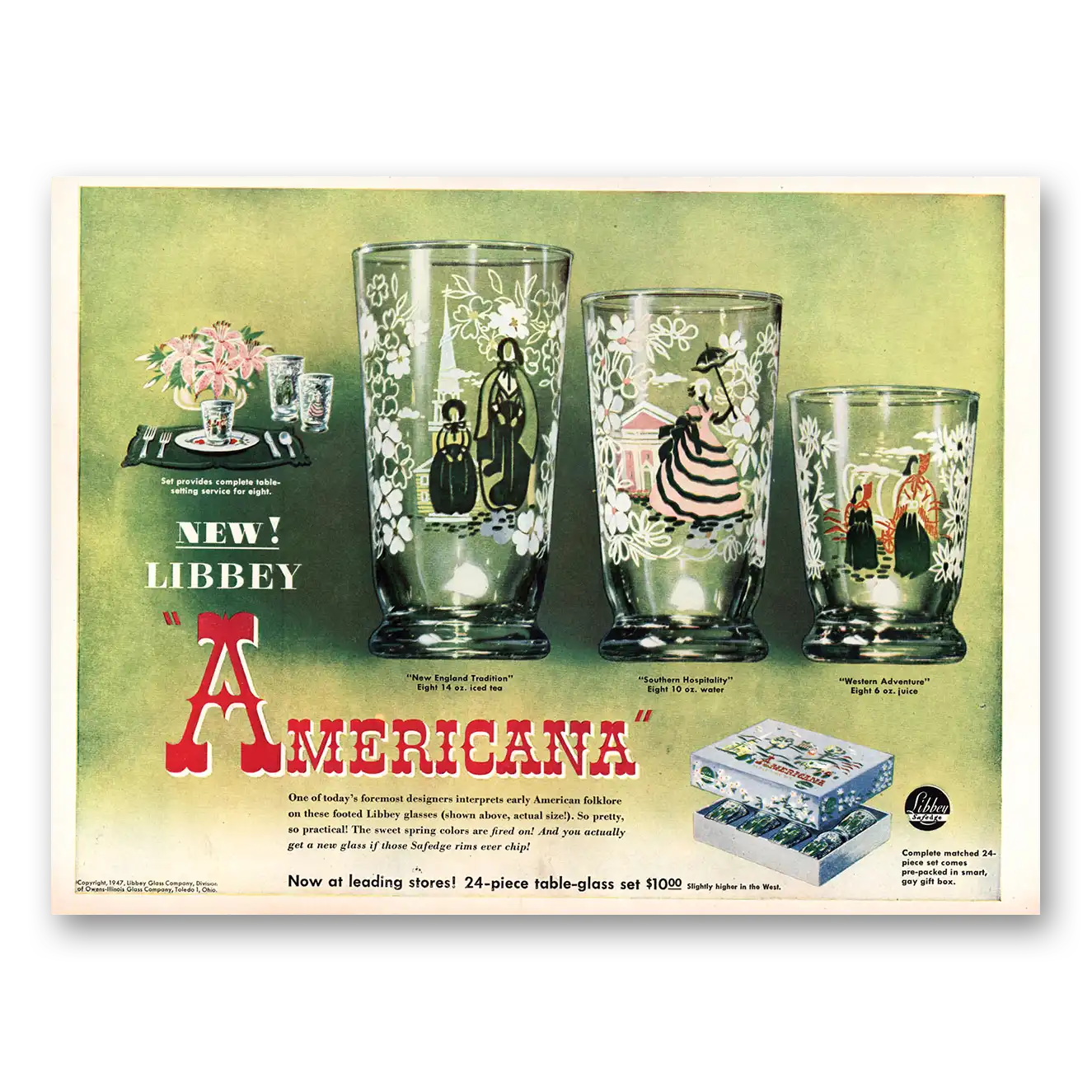 1947 Libbey Americana Glasses Early American Folklore Vintage Magazine Print Ad