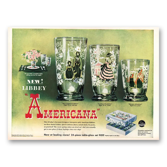 1947 Libbey Americana Glasses Early American Folklore Vintage Magazine Print Ad