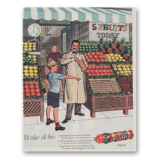 1947 Life Savers Take All Five Fruit Stand Vintage Magazine Print Ad