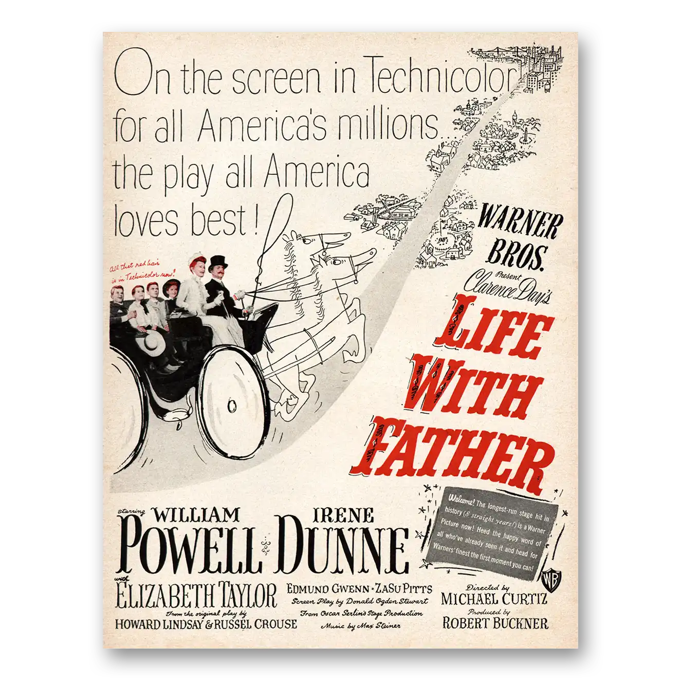 1947 Life With Father Movie Promo Elizabeth Taylor William Powell and Irene Dunne Vintage Magazine Print Ad