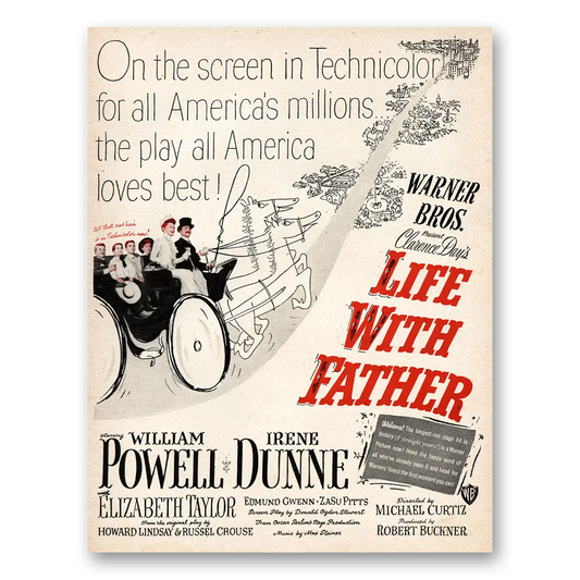 1947 Life With Father Movie Promo Elizabeth Taylor William Powell and Irene Dunne Vintage Magazine Print Ad