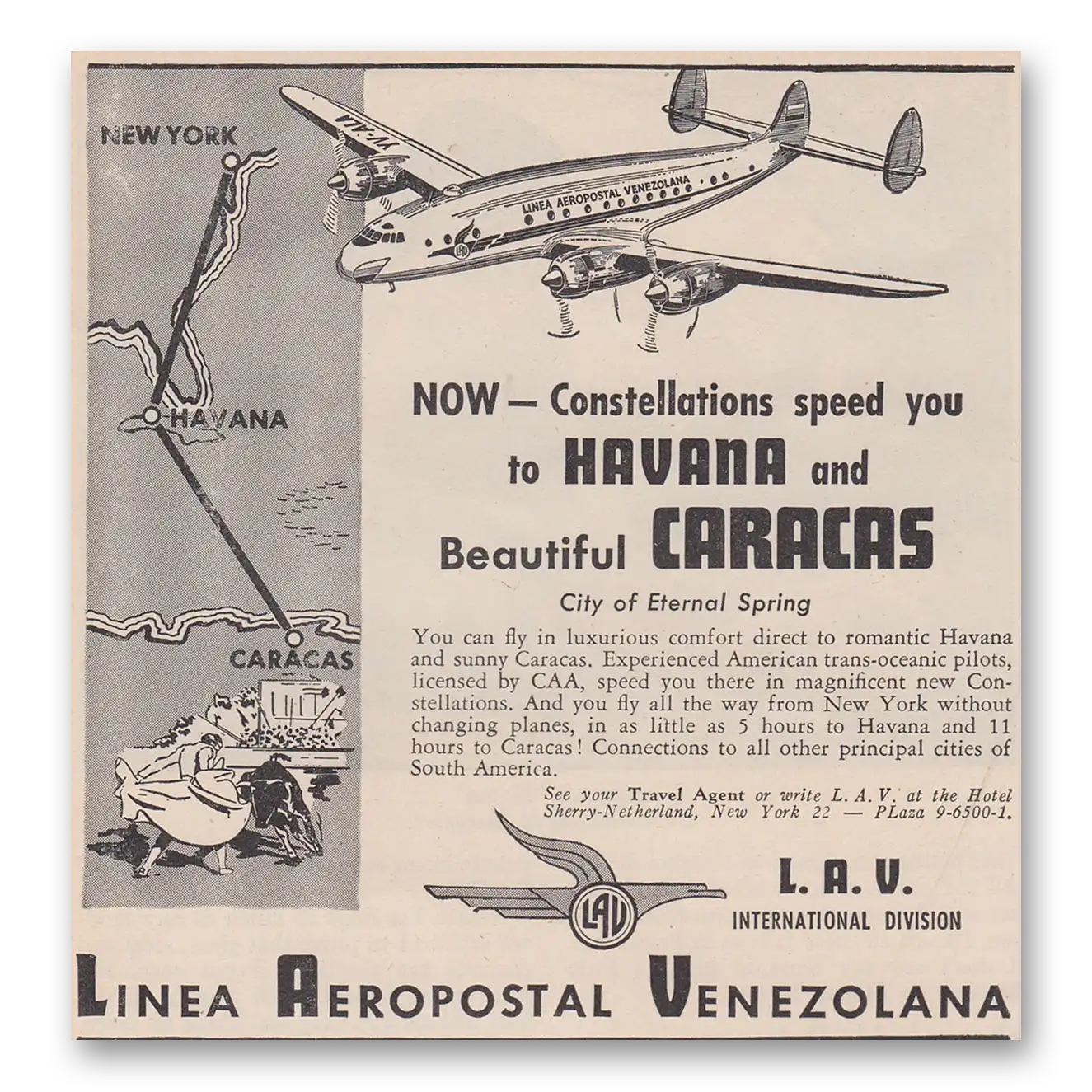 1947 Linea Aeropostal Venezolana Constellations Speed You to Havana Vintage Magazine Print Ad