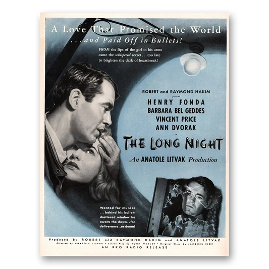 1947 The Long Night Movie Promo Henry Fonda and Barbara Bel Geddes Vintage Magazine Print Ad