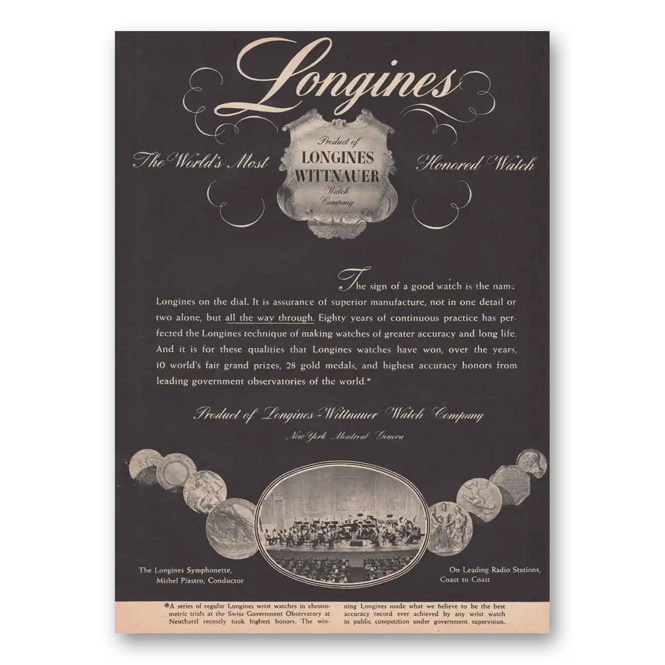 1947 Longines Wittnauer Honored Watch Vintage Magazine Print Ad