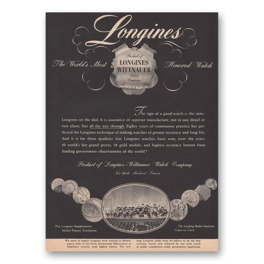 1947 Longines Wittnauer Honored Watch Vintage Magazine Print Ad